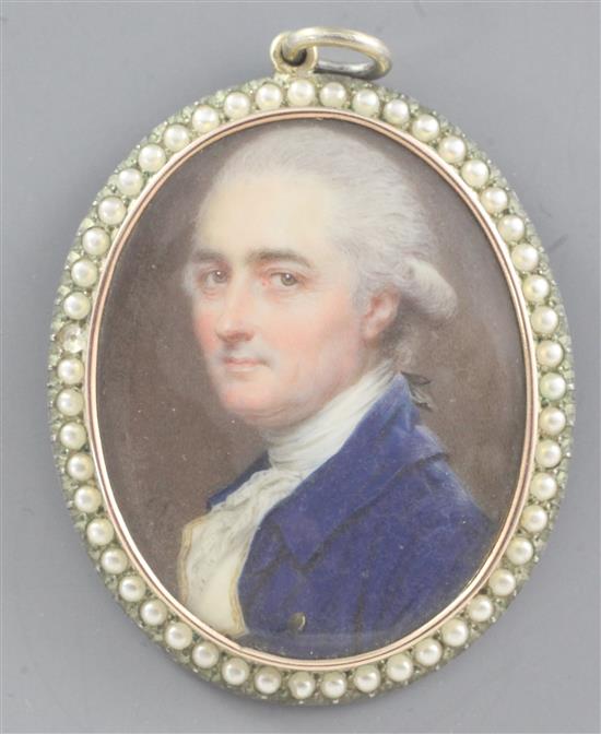 John Smart (1742-1811) Miniature portrait of a gentleman wearing a blue coat, 1.75 x 1.25in.